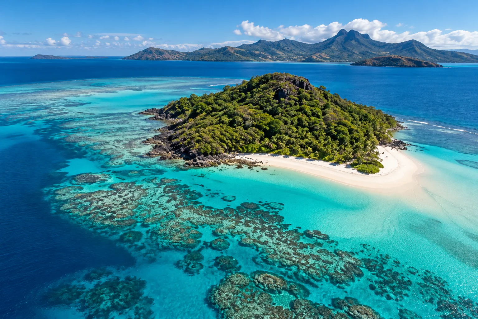 Vue aérienne d’un îlot et de son lagon turquoise